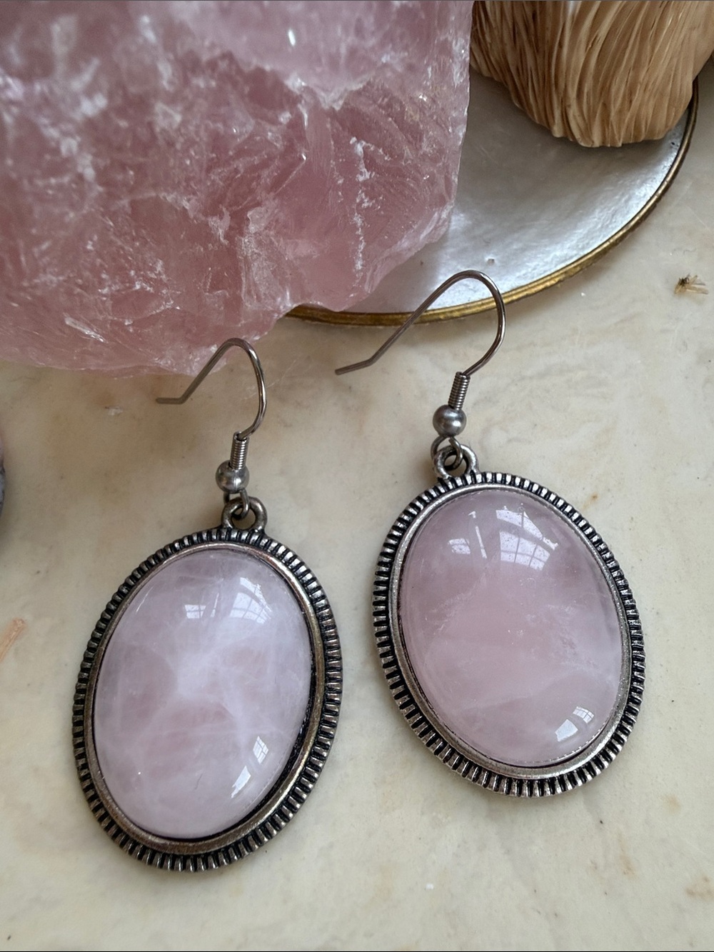 Rose Quartz Oval Dangle Earrings - Pink Gemstone Silver Frame
